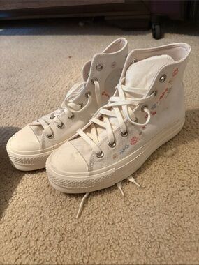 Converse White High-Top Canvas Sneakers with Small Floral Embroidery